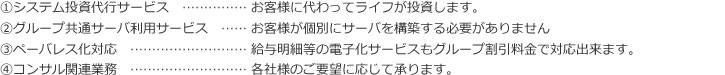 (1)システム投資代行サービス：お客様に代わってライフが投資します。
(2)グループ共通サーバ利用サービス：お客様が個別にサーバを構築する必要がありません(3)ペーバレス化対応：給与明細等の電子化サービスもグループ割引料金で対応出来ます。(4)コンサル関連業務：各社様のご要望に応じて承ります。